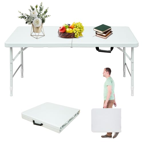 Portable 4Ft Folding Table, Heavy Duty Plastic Fold-in-Half Utility Foldable Table Small, Adjustable Height Plastic Folding Table with Carrying Handle for Camping & Party Indoor/Outdoor(White) - color: White, size: 4Ft