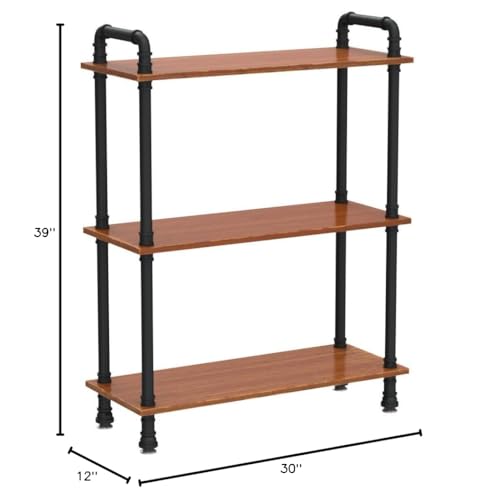Industrial Bookshelf, Pipe Shelf Bookcase, 3 Tier, 30" Rustic Brown | Solid pine shelves, 30 inch wide, black pipe frame, 35 lbs per shelf, open bookcase for books, plants, office - color: Rustic Brown, size: 30"L × 39"H