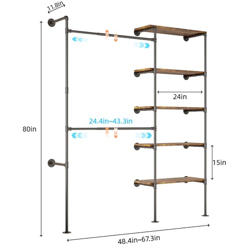 Expandable Industrial Pipe Clothes Rack,Corner Garment Rack | 2 Adjustable Rods& 5 Shelves, Heavy-Duty Iron Pipe Frame, Fits Bedroom & Laundry Room, Expands 48.4"–67.3"