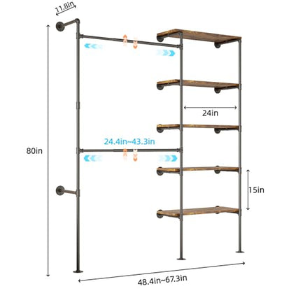 Expandable Industrial Pipe Clothes Rack,Corner Garment Rack | 2 Adjustable Rods& 5 Shelves, Heavy-Duty Iron Pipe Frame, Fits Bedroom & Laundry Room, Expands 48.4"–67.3"