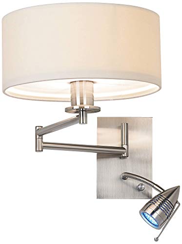 Radix Plug-In Swing Arm Wall Lamp with LED Reading Arm Modern Light Fixture | Mounted Adjustable Brushed Nickel Off White Drum Shade for Bedroom Bedside House Living Room Home Hallway - color: Brushed Nickel