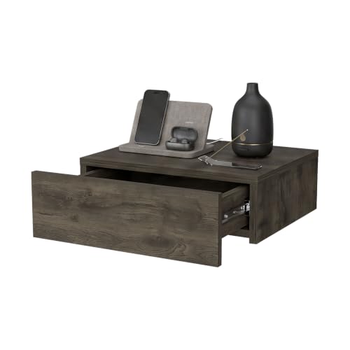 FM FURNITURE Vienna Modern Floating Nightstand with Drawer & Shelf, Wall Mounted Bedside Table for Bedroom Organization, Brown - color: Dark Brown