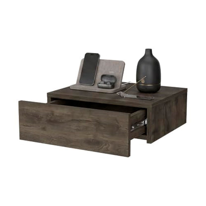 FM FURNITURE Vienna Modern Floating Nightstand with Drawer & Shelf, Wall Mounted Bedside Table for Bedroom Organization, Brown - color: Dark Brown