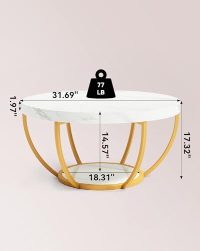 LITTLE TREE Round Coffee Table, 32" Faux Marble Circle Coffee Table | 2-Tier Wood Accent Center Table with Open Storage Industrial Design Home Furniture for Living Room(White and Gold) - color: White and Gold