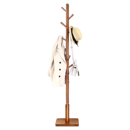 VASAGLE Solid Wood Coat Rack, Free Standing Hall Coat Tree with 8 Hooks, 3 Height Options, for Coats, Hats, Bags, Purses, for Entryway, Hallway, Rubberwood Hooks and Pole, Dark Walnut URCR010W01 - color: Dark Walnut, style: Square Base + Cylindrical Hooks