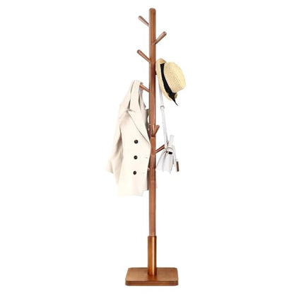 VASAGLE Solid Wood Coat Rack, Free Standing Hall Coat Tree with 8 Hooks, 3 Height Options, for Coats, Hats, Bags, Purses, for Entryway, Hallway, Rubberwood Hooks and Pole, Dark Walnut URCR010W01 - color: Dark Walnut, style: Square Base + Cylindrical Hooks
