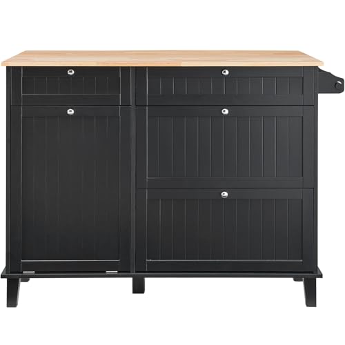 VEVOR Kitchen Island Cart, 50" Wood Top Breakfast Bar with Trash Cabinet Tilt Out 10 Gallon Storage, Farmhouse Dining Living Room Table with Drop Leaf, Towel Bar, Drawer, Black - color: Black