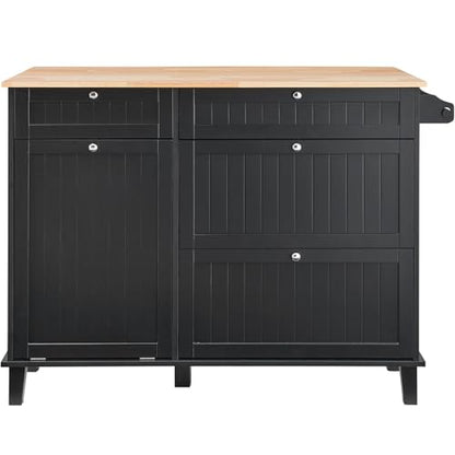 VEVOR Kitchen Island Cart, 50" Wood Top Breakfast Bar with Trash Cabinet Tilt Out 10 Gallon Storage, Farmhouse Dining Living Room Table with Drop Leaf, Towel Bar, Drawer, Black - color: Black