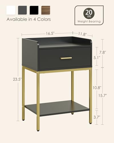 Masupu Nightstand,Bedside Table 3-Tier Modern Night Stand with Storage Drawer and Shelf,Small End Side Table for Bedroom,Living Room,Black (Without Outlet, Black) - color: Black