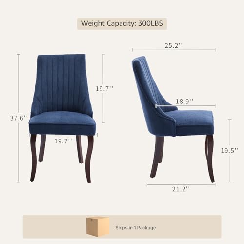 Upholstered Dining Chairs Set of 2, High Back Side Chairs for Kitchen and Dining Room, Mid-Century Modern Fabric Seating with Solid Wood Legs, Blue - color: Blue, size: Set of 2