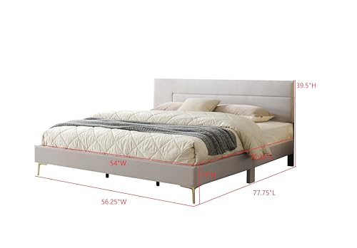 Kings Brand Furniture Verona Upholstered Wooden Bed Frame with Headboard, Low-Profile Platform Design - Solid Wood Platform with Accent Legs for Bedroom (Brown/Gold) (Full) - size: Full