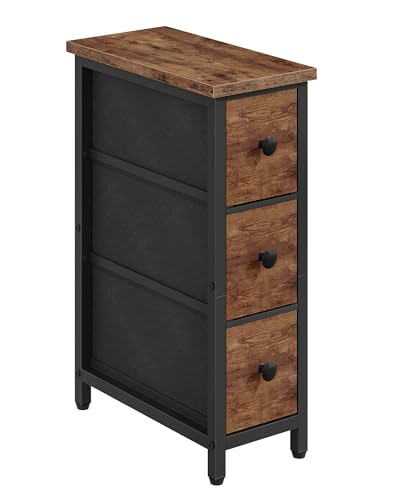 Narrow Side Table with 3 Fabric Drawers, Industrial Slim Bedside Table for Small Spaces, Bedroom, Living Room, Dormitory, Rustic Brown and Black TBZ09BF - color: Rustic Brown + Black