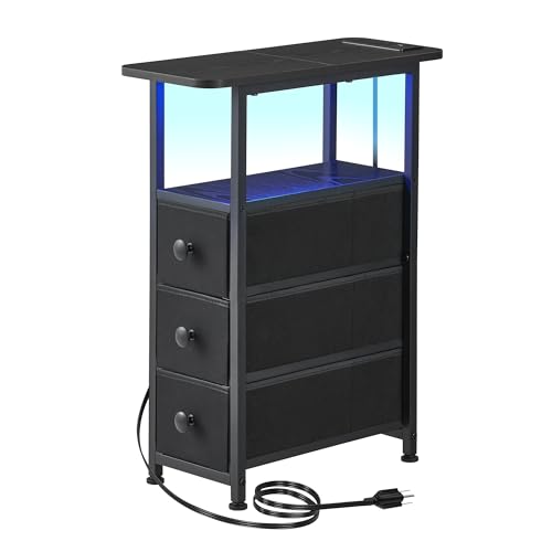 Narrow End Table with Charging Station, Narrow Side Table with Drawer, Small Nightstand with LED Light, Skinny Nightstand, Small Bedside Table for Living Room, Bedroom, Couch, Black - color: Black, size: 7.9" W x 18.9" D, style: Power + Light