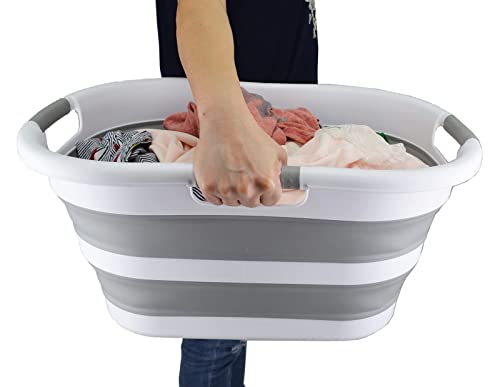 SAMMART 40L (10.5 gallon) Collapsible Plastic Laundry Basket - Foldable Pop Up Storage Container/Organizer - Portable Washing Tub - Space Saving Hamper/Basket (1, White/Grey) - color: White/Grey