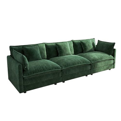111.5 Inch 3-Seat Modular Sectional Cloud Sofa, Chenille Green | Chenille Deep Seat Sofa with Pillow for Living Room, Bedroom and Apartment - color: Green, size: 111.5 inch-Straight