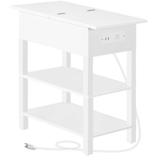HOOBRO End Table with Charging Station, Flip Top Side Table with USB Ports, Narrow Nightstand Bedside Tables with Storage Shelves, for Small Space, Living Room, White WT141UBZ01 - color: White