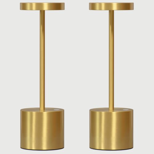 2-Pack Cordless Rechargeable LED Table Lamp (Gold) | 5000mAh Battery, 3-Color Stepless Dimming, IP54 Waterproof & Portable for Outdoor Patio, Restaurant, Bar, Home, Dining - color: Brushed Shiny Gold