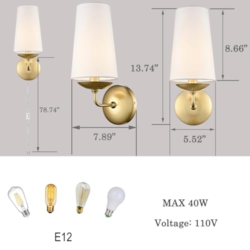 Moose Gold Wall Sconces Set of Two Linen Shade Plug in Wall Lamp | Modern Brass Wall Lighting with Fabric Shade for Bedroom, Living Room, Dining Room, Entryway - color: Gold, size: 2-Pack | 1-Light