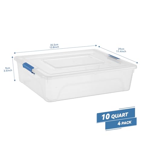 4 Pack Clear Plastic Storage Bins with Blue Lids Stackable Storage Box | Multifunctional Design,Stackable,See Through,Versatile Organization,Space-Saving,Durable,Dust Protection - size: Large 4Pack Blue