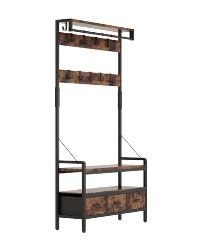Hall Tree with Bench and Shoe Storage, Freestanding Entryway Coat Rack with 3 Fabric Drawers, 16 Hooks