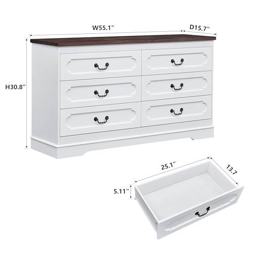 6 Drawer Dresser for Bedroom White Bedroom Dresser 55" Wide Wooden Cabinet | Farmhouse Wood Chest of Drawers , Modern Rustic Drawers Dressers Wooden Closet and Storage Cabinet, Hallway, Living Room - color: White, size: 15.7"D x 55"W x 30.8"H (6 Drawers)