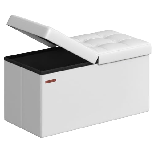 SONGMICS MAZIE Collection - 30 Inches Storage Ottoman Bench with Flipping Lid, Storage Chest Footstool, Load 660 lb, for Entryway, Living Room, Bedroom, Synthetic Leather, White ULSF45WT - color: White, size: 15"D x 30"W x 15"H, style: Classic