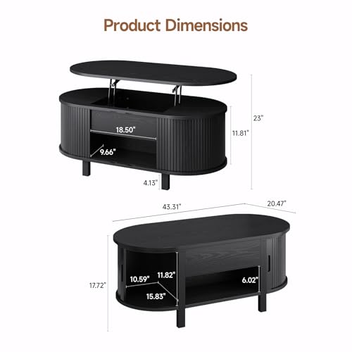 43.3" Oval Lift Top Fluted Coffee Table with Sliding Door, Black | Mid-Century Modern Fluted Coffee Table with Lift Tabletop & Multi-Storage Spaces, Dining Table for Living Room, Home Office - color: Black