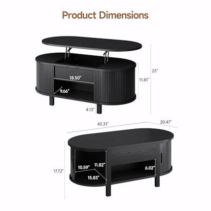 43.3" Oval Lift Top Fluted Coffee Table with Sliding Door, Black | Mid-Century Modern Fluted Coffee Table with Lift Tabletop & Multi-Storage Spaces, Dining Table for Living Room, Home Office - color: Black