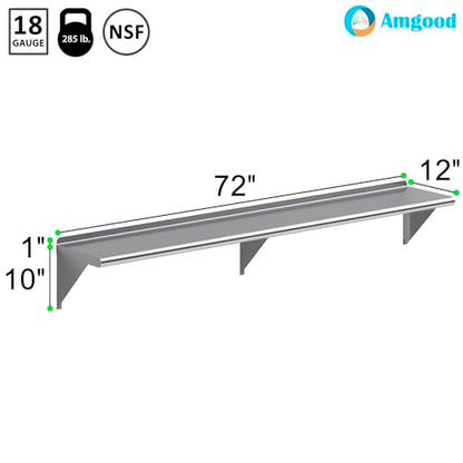 AmGood 72" Long X 12" Deep Stainless Steel Wall Shelf | NSF Certified | Appliance & Equipment Metal Shelving | Kitchen, Restaurant, Garage, Laundry, Utility Room - size: 72" Long X 12" Deep