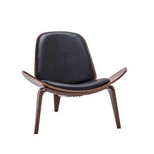 Belleze Mid Century Modern Tripod Plywood Lounge Chair Walnut Bentwood Upholstered Faux Leather, Black - color: Black, size: 1 Chair