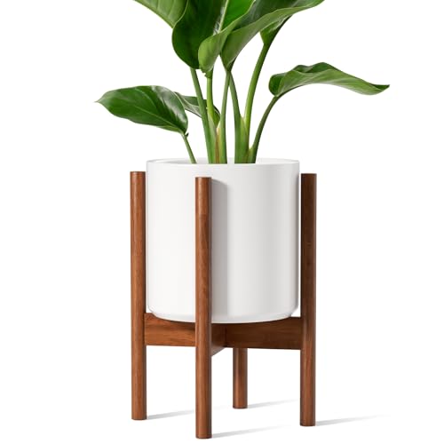 LE TAUCI 12 Inch Planter with Acacia Wood Stand, Large Ceramic Indoor Plant Pot with Drainage Hole & Plug, Mid Century Modern Plant Holder for Fiddle Leaf Fig, Monstera, Snake Plant, White - color: White, size: 12 Inch