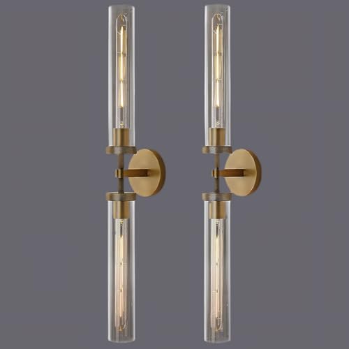 Brass Wall Sconces, 30in Gold 2-Light Double Glass Sconces Wall Lighting, Bathroom Knurled Vanity Light Sconces, Wall Lights for Living Room Bedroom（Including Bulb） - color: Brass- 30 inch-2 Pack, size: 2 Pack