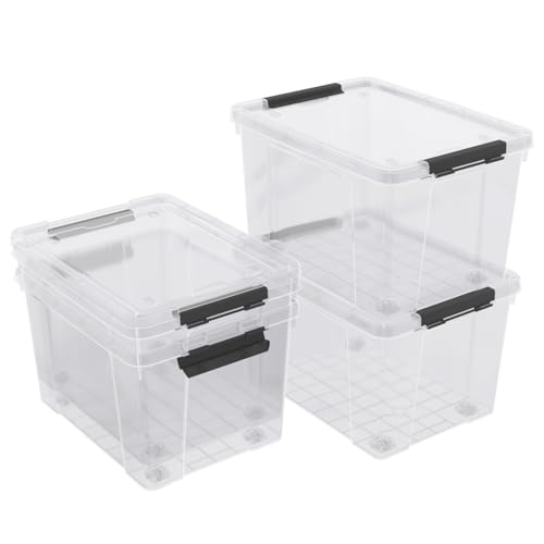 32 Quart Clear Plastic Latch Storage Bins with Wheels, 4 Pack | Large Clear Plastic Storage Box with Lid, Secure Black Side Latches, Built-In Rolling Wheels - size: 32 quart