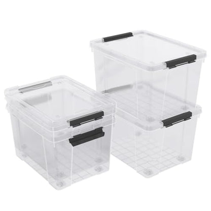 32 Quart Clear Plastic Latch Storage Bins with Wheels, 4 Pack | Large Clear Plastic Storage Box with Lid, Secure Black Side Latches, Built-In Rolling Wheels - size: 32 quart