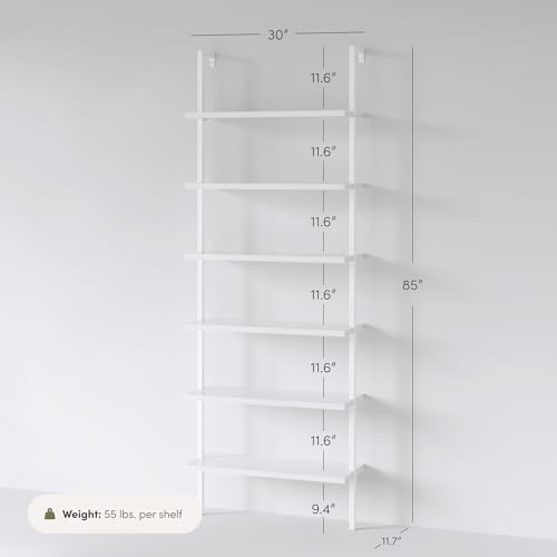 Nathan James Theo 6-Shelf Tall Modern Bookshelf, Wall Mount Ladder Shelf Bookcase with Wood and Industrial Metal Frame, Matte White - color: White, size: 1