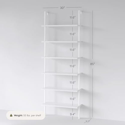 Nathan James Theo 6-Shelf Tall Modern Bookshelf, Wall Mount Ladder Shelf Bookcase with Wood and Industrial Metal Frame, Matte White - color: White, size: 1