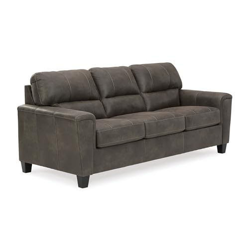 Signature Design by Ashley Navi Faux Leather Queen Sleeper Sofa Bed, Gray | Warm-feel weathered polyester blend, Space-saving pull-out design for multi-use rooms, Supportive attached cushion back - color: Grey, style: Sleeper