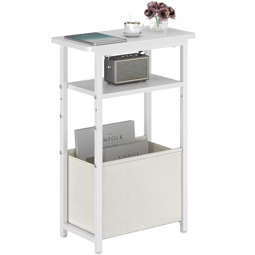 sthmec Narrow Side Table, Skinny End Tables with Fabric Basket, Small Side Tables for Small Space, 2-Tier Open Shelves with Basket, Slim Nightstands for Bedroom,Living Room,Office, White - color: White, size: Ordinary (15.75''D* 7.85''W* 25.2''H)