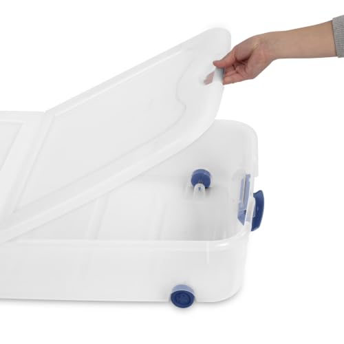 66 Quart Underbed Storage with Wheels, Plastic Under Bed Storage Bin with Latching Lid, Low Profile Rolling Organizer for Clothes, Shoes and Blankets, Clear, 1-Pack