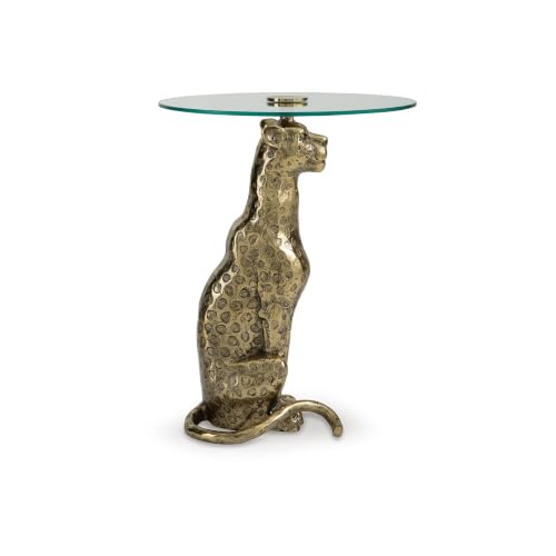 Signature Design by Ashley Vallain Leopard Gold Side Table Glass End Table | Heavyweight 40 lbs cast aluminum leopard base, Durable 18-inch tempered glass top, Compact 23.5-inch height for sofa side use