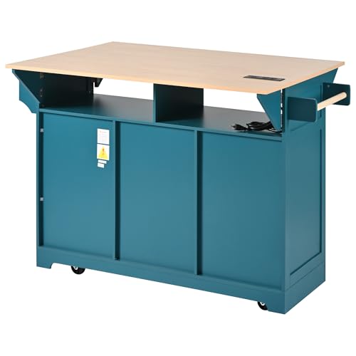 Kitchen Island with 2 Drop Leaf, Home Cart Island on Wheels Foldable Dining Table with Power Outlets,3 Drawers,Storage Cabinet, Tower Rack(Green) - color: Green