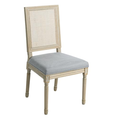 Kmax Farmhouse Dining Room Chairs, Fabric French Distressed Bedroom Chairs with Rectangle Rattan Back, Elegant Tufted Kitchen Chairs, Set of 6, Grey, Solid Wood Frame - color: Brown Wash/Rattan Grey, size: 6 Chairs