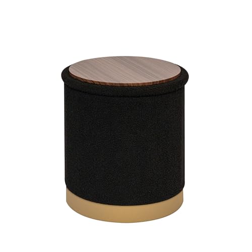 Round Storage Ottoman with Reversible Tray Top, 16.3" Boucle Ottoman Footrest Stool with Metal Base, Upholstered Vanity Stool with Storage for Living Room Bedroom, Black - color: Teddy-black
