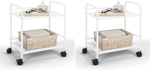 SunnyPoint 2-Tier Metal Rolling Utility Cart – Mobile Storage Shelf with Caster Wheels – Small Space Organizer for Home, Office, Bedroom, Kitchen (WHT) (Pack of 2) - color: Wht, size: 12" x 16.93" x 19.49" (Pack of 2)