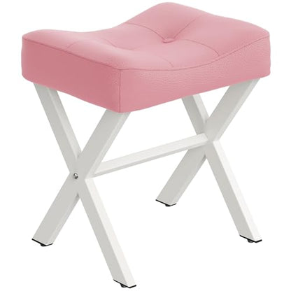 18-Inch Leather Vanity Stool Chair, Pink Saddle Vanity Stool | Vanity Bench, Metal X-Leg, 300 LBS, 16.3"x12.4"x18", Ottoman Accent Stool, Thick Padded Saddle Seat, For Living Room, Bedroom - size: Small, style: Pink Leather