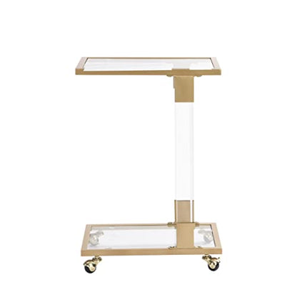 Clear Sofa Side Table C Shaped End Table with Wheels, Rolling Acrylic Bedside Laptop Snack Table TV Tray, Mobile Breakfast Tray Table with Tempered Glass Shelves and Clear Acrylic Frame - color: Acrylic Clear, Gold