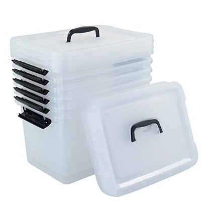 10 L Plastic Clear Storage Box, Plastic Latching Box with Lid, 6-PACK | Clear Design, Locking Latch Lid, Convenient Top Handle, Sturdy Plastic, Multi-Purpose Storage Bin, for Home Office Closet Use - size: 10 L