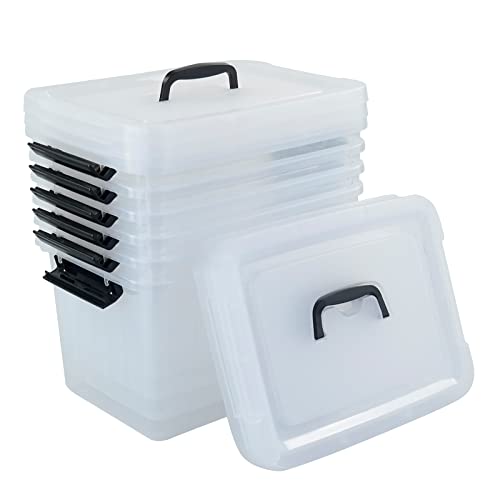 10 L Plastic Clear Storage Box, Plastic Latching Box with Lid, 6-PACK | Clear Design, Locking Latch Lid, Convenient Top Handle, Sturdy Plastic, Multi-Purpose Storage Bin, for Home Office Closet Use - size: 10 L