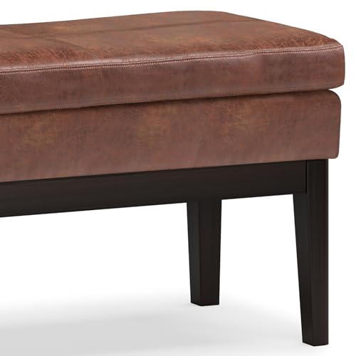 SIMPLIHOME Carlson Ottoman Bench - 45 inch Wide Upholstered Vegan Leather Rectangle Ottoman in Distressed Saddle Brown, Mid Century Modern Bench for Bedroom or Living Room with Padded Seat - color: Brown, style: Ottoman Bench