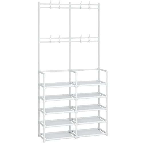 Laiensia 5-Tier Entryway Coat Rack, Coat and Shoe Rack, Entryway Bench Storage Organizer with 8 Hooks for Bedroom, Hallway, Office, White - color: White